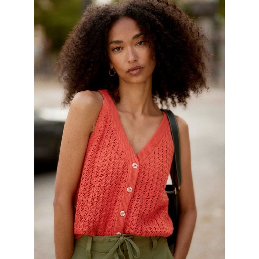 NWT Varley Alessia Knit Tank Top Orange Sufi Crochet Cotton Button Front